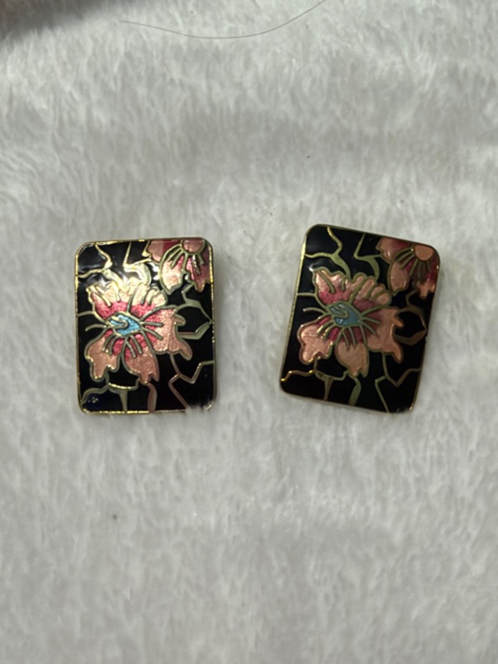 Black Enamel Floral Square Clip on Earrings with Pink Accents